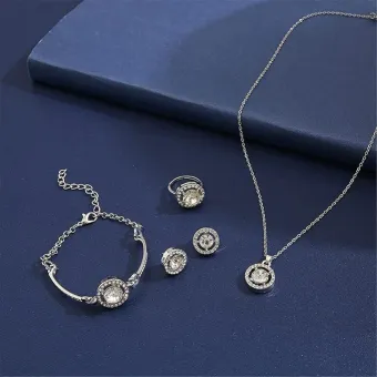 Silver Zircon Circle Design Necklace Set (4 Pcs)